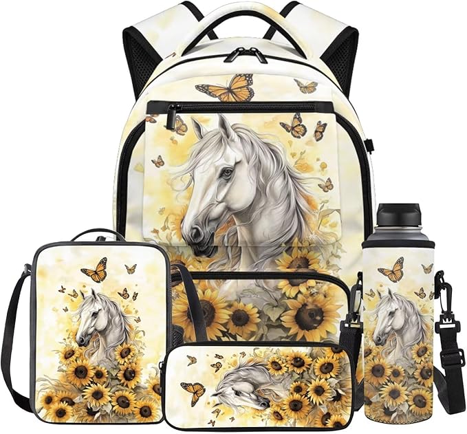 Horse Sunflower Backpack with Lunch Box for School Boys Girls Personalized School Bags 4 in 1 Set Includes Lunch Bag Pencil Case and Water Bottle Holder Back to School Supplies