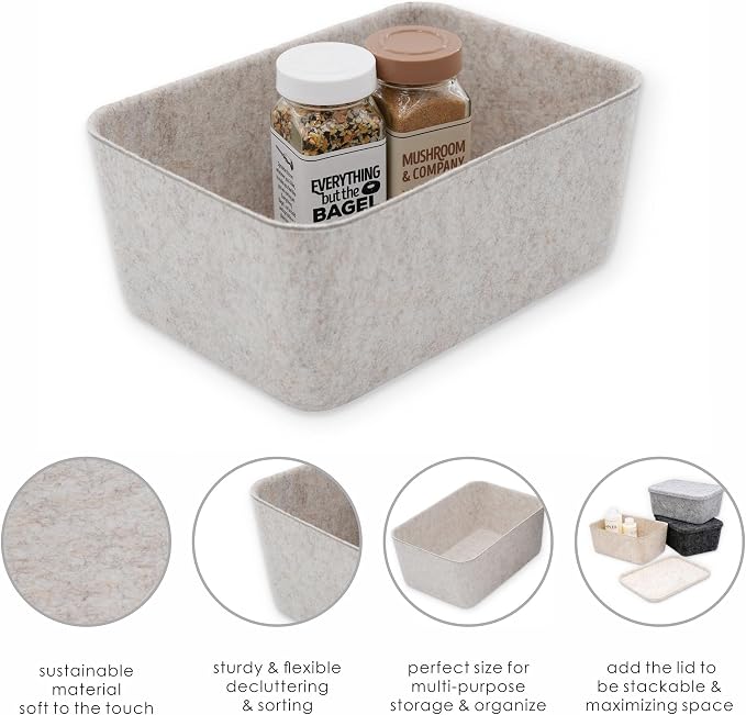 Felt deep Storage Bins lidded Drawer Organizer Caddy for junk stuff stationery makeup jewelry closet bathroom minimalist lifestyle (Oatmeal Bin, S)