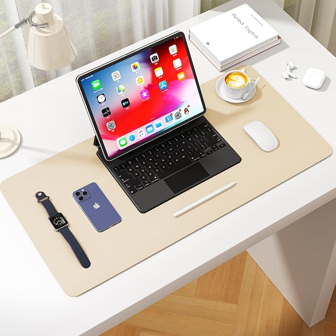 Leather Desk Pad Protector, Waterproof Mouse Pad, PU Desk Mat, Office Desk Cover, Desk Writing Mat for Office/Home/Work/Cubicle (Eggshell) 31.5x15.7 in