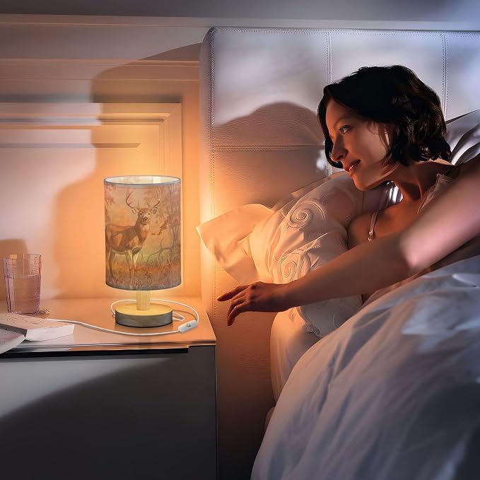 Table Lamp Deer Autumn Forest Nightstand Lamp with Wood Base Fabric Lamp Shade Bedside Desk Lamp for Living Room Bedroom Kids Room Office