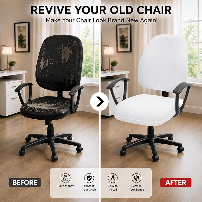 Stretchable Desk Office Chair Seat Covers - Universal Spandex Computer Chair Slipcover - Removable Washable Rotating Backrest Coverings & Cushion Protectors for Dogs, Cats, Pets, White