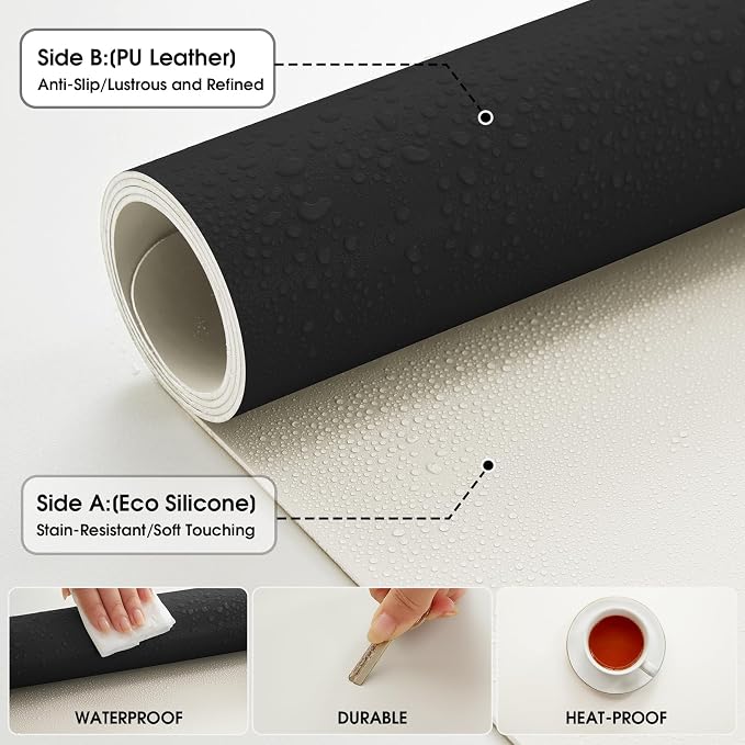 Leather Desk Pad Protector 31.5×15.7 inch Non-Slip Large Gaming Mouse Pad Waterproof Desk Writing Pad Desk Blotter Laptop and Keyboard Mat for Office and Home(White/Black)