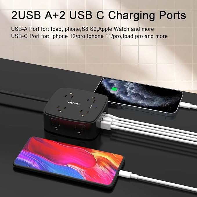 6 Ft Surge Protector Power Strip - 8 Widely Outlets with 4 USB Ports, 3 Side Outlet Extender with 6 Feet Extension Cord, Flat Plug, Wall Mount, Desk USB Charging Station, ETL,Black