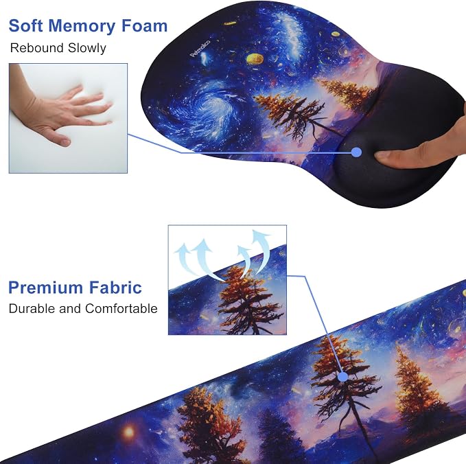Petmolico Desk Pad Set with Wrist Rest for Keyboard & Mouse, Night Sky | Anti-slip PU base, durable Lycra & memory foam, relieves wrist fatigue, perfect for work, home & daily use