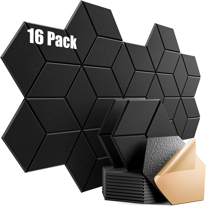 16 Pack Self-Adhesive Acoustic Panels 12" X 10" X 0.4" - Sound Proof Foam Panels for Walls with High Density, Y-Lined Design, Flame Resistant, Absorb Noise and Eliminate Echoes(Black)