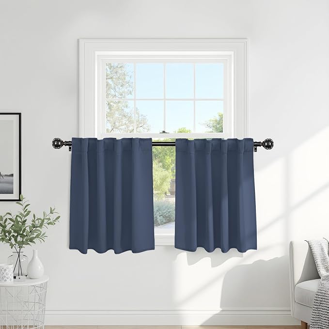 PONY DANCE Blackout Curtain Valance - Room Darkening Half Window Treatment Solid Elegant Privacy Home Decor for Kitchen Bedroom Bathroom, 29 inches Wide x 30 inches Long, Blue Haze, 1 Pair