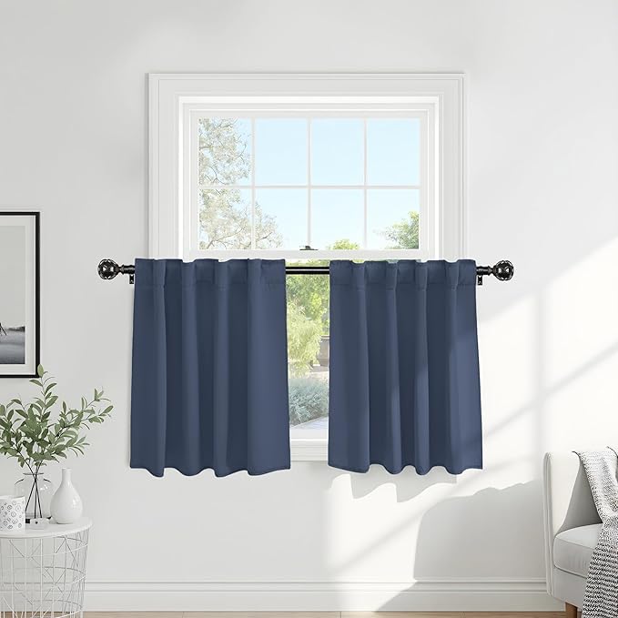 PONY DANCE Blackout Curtain Valance - Room Darkening Half Window Treatment Solid Elegant Privacy Home Decor for Kitchen Bedroom Bathroom, 29 inches Wide x 36 inches Long, Blue Haze, 1 Pair