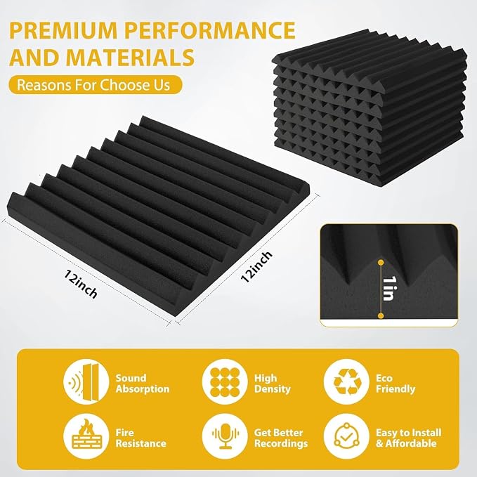 98 Pack Acoustic Foam Panels, 1" x 12"x 12" Sound Proof Foam Panels For Wall Fire Resistant, Noise Cancelling Dampening Sound Absorbing Black Wedge Panels For Studio Recording & Office & Home