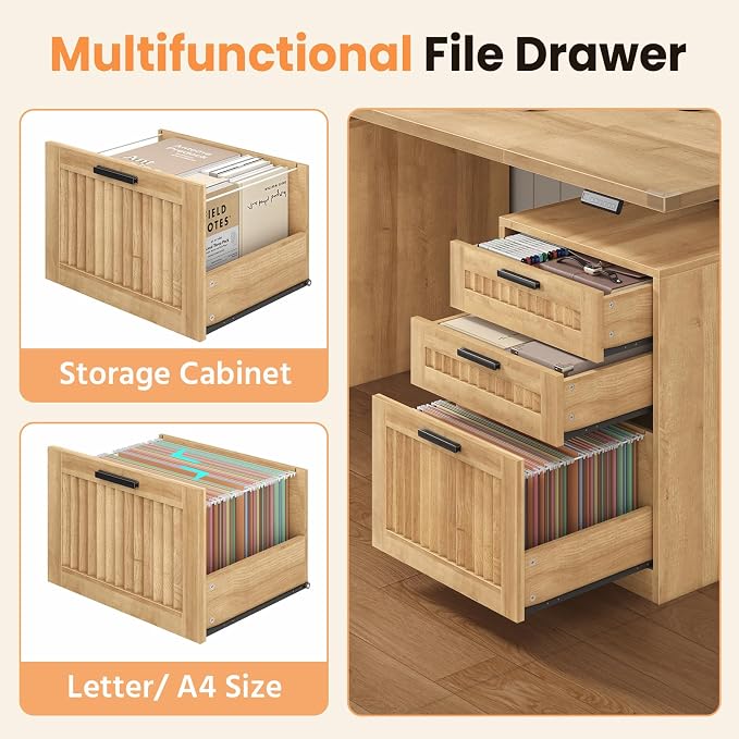 60" Fluted Electric Standing Desk with Drawers for Home Office, Oak | Height Adjustable Computer Desk with 4 Drawers & Storage Shelves, Wood Sit Stand Desk with Power Outlets for Work, Study
