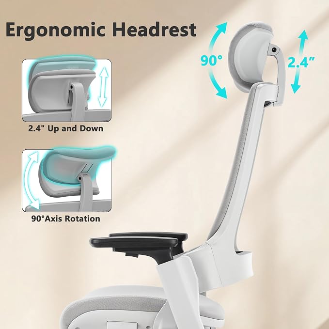 CLATINA Ergonomic High Swivel Executive Chair with Adjustable Height Head 3D Arm Rest Lumbar Support and Upholstered Back for Home Office Gray Mesh/High Back