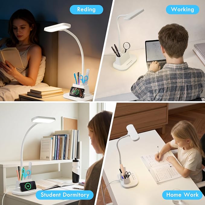 BOHON Desk Lamp for Home Office Reading Light with USB Charging Port White | Small Desk Lamps with Pen Holder, 5 Color Modes 5 Brightness, Touch Gooseneck LED Table Lamp for Dorm Room Essentials Study