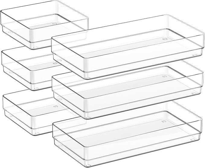 SMARTAKE 6 PCS Clear Plastic Kitchen Large Size Drawer Organizers Set | Non-Slip Desk Drawer Organizer, 2-Size Bathroom Vanity Drawer Organizer Trays for Makeup, Bedroom, Office, Kitchen Utensils