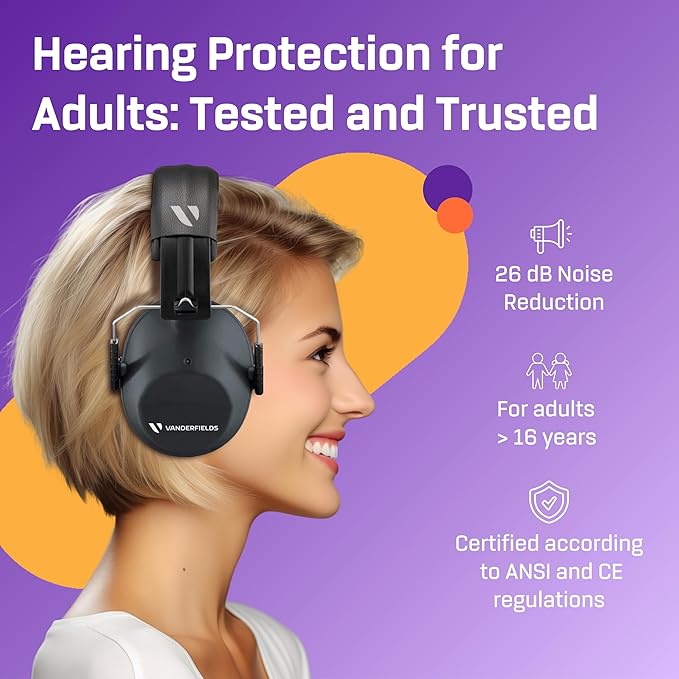Vanderfields - Hearing Protection Ear Muffs - Over 33 dB (2K Hz) Broad Noise Cancelling Sound Reduction - Adults & Teens