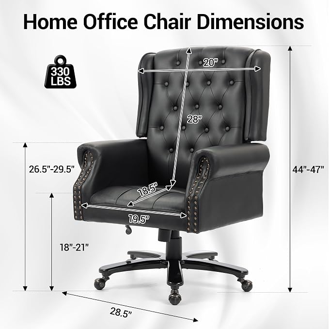 Vintage High Back Wingback Executive Office Chair, Black | Home Desk Chairs with Tufted Nailhead Trim & PU Faux Leather, Heavy Duty Adjustable Rocking Computer Chair for Gaming