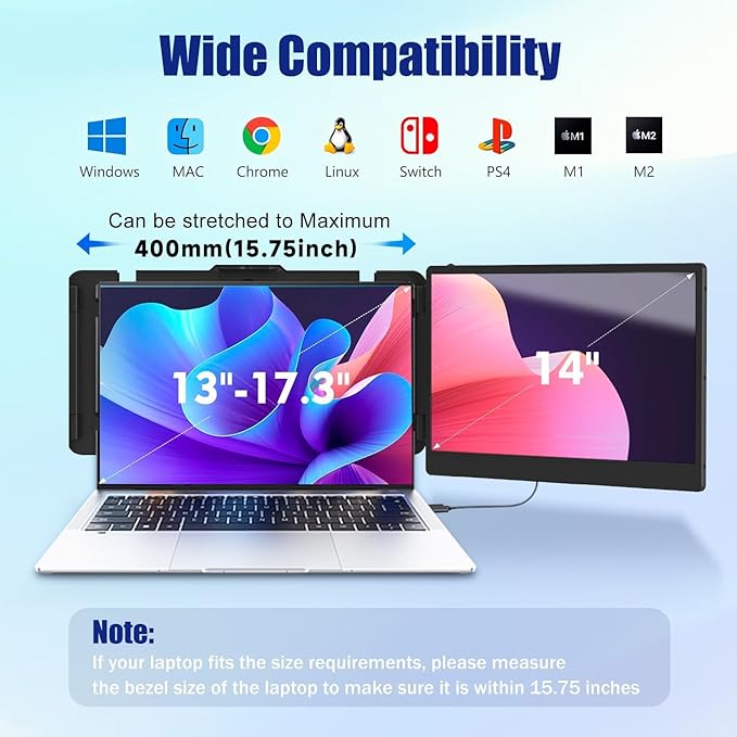 KEFEYA Laptop Screen Extender, 14" FHD 1080P IPS Laptop Monitor Extender Dual Screen, Portable Monitor for Laptops 13-17" with USB-C/HDMI Port, Plug n Play for Windows/Mac/Android/Switch/PS5