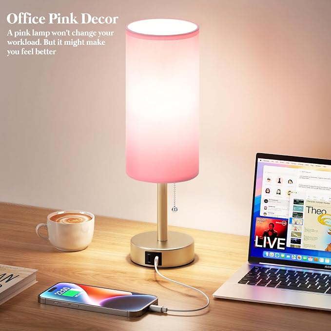 Dicoool Pink Bedside Table Lamp for Bedroom, Small Nightstand Lamp for Girls, 3 Color Temperatures & USB Charging Port, Cute Desk Lamp for Kids Teens Room Decor, Dorm Room Essentials