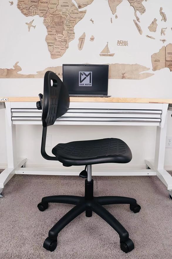 Table Height Chair/Stool-Easy to Clean! Deluxe Ergonomic Polyurethane Chair. 5" of Height Adj (15.5"-20.5") 450 lb Capacity. Automotive, Lab, Garage, Home, Office (Self Braking, Black)