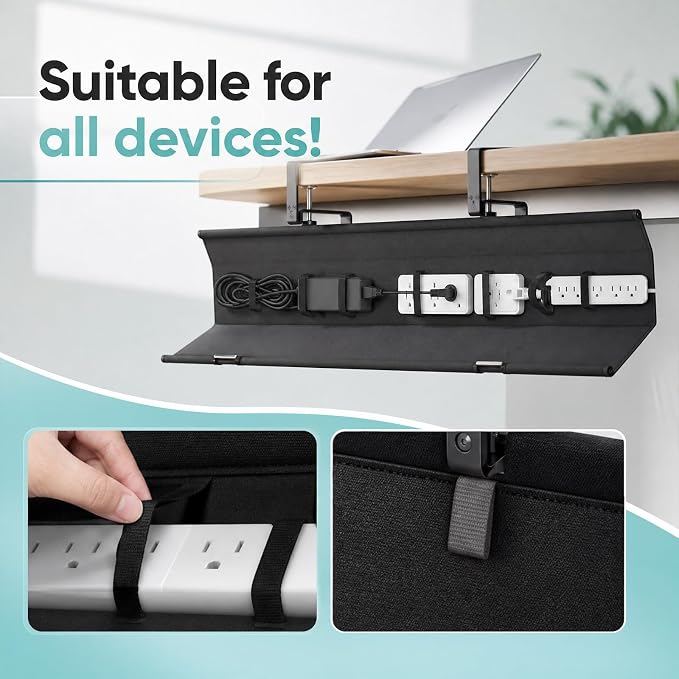 36-Inch Under Desk Cable Management Tray, Clamp or Screw Mount, Black | Fabric Cord Organizer Holds Power Strips, Cables and Adapters, Suitable for Home and Office Desks