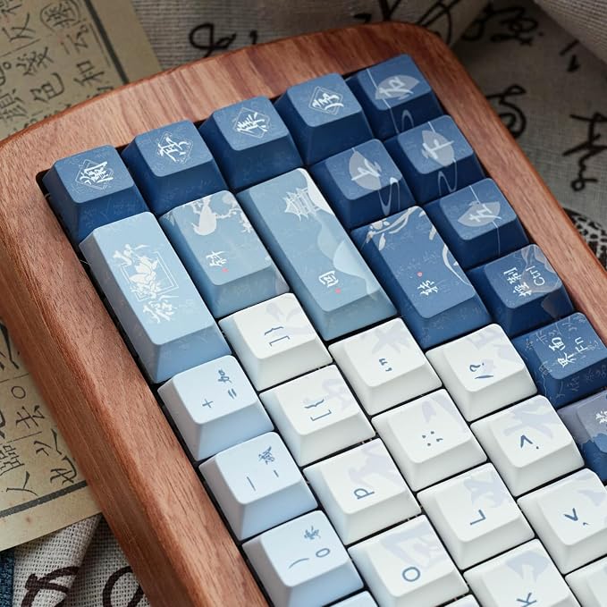 Blue White keycap 130 Key Dye Sublimation PBT keycaps Chinese Calligraphy Keycap Keycaps Cherry Profile Creamy Custom Keycap Set for 60%/65%/75%/TKL/96%/100% US Layout Mechanical Keyboard