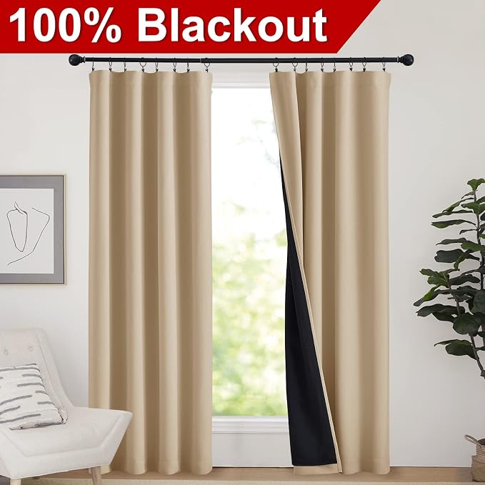 NICETOWN Living Room Completely Shaded Draperies, Privacy Protection & Noise Reducing Drapes, Black Lined Rod Pocket Window Treatment Curtain Panels(Biscotti Beige, 2 Pieces, W42 x L84)