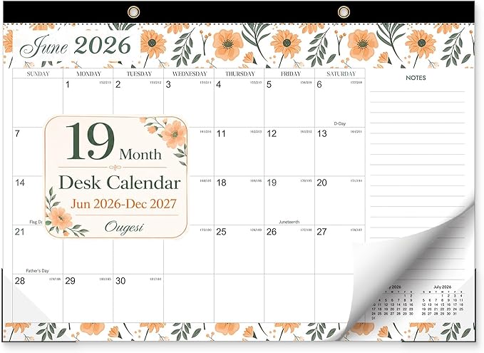 Desk Calendar 2026-2027 - Ougesi 19 Month Desk Top Calendar June 2026 - Dec 2027,17x12 Academic Desk Calendar with Thick Paper, Large Blocks for Home & Office (Floral)