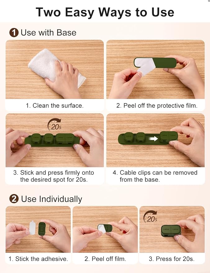 6 Pack Magnetic Cable Clips [1s Open/Lock], Laitver Cord Organizer Holder Strong Adhesive Desk Cable Management- Organize Charging Cords Neatly for Home, Office, Car,Desk, Nightstand-Deep Green