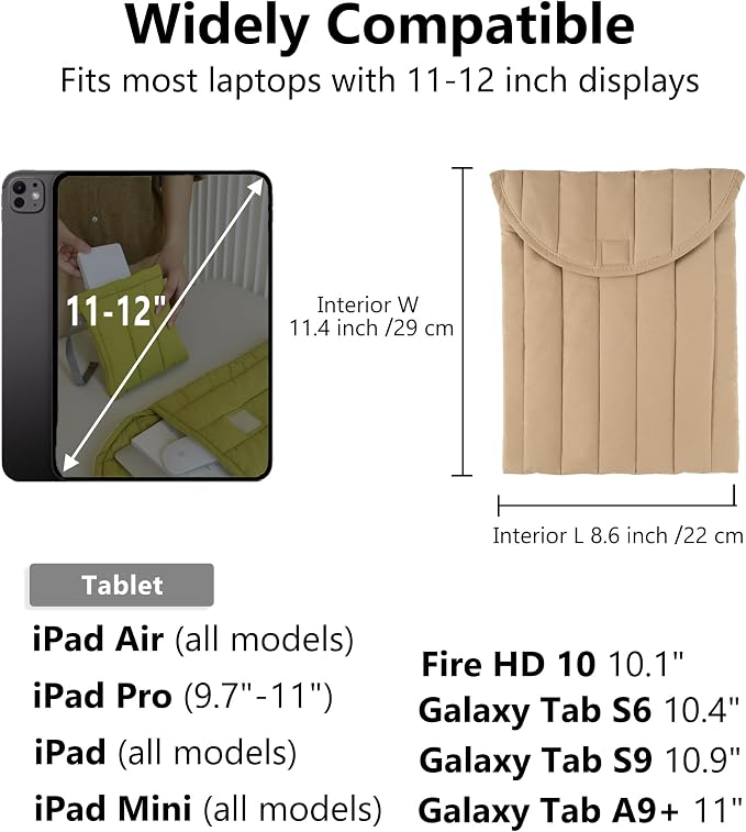 Puffy Laptop Sleeve 11-12 Inch Beige, Protective Carrying Case for Men and Women, Cute Case Bag Compatible with 11 and 12 Inch Laptops, 10.9" Ipad 10, 10.2" Ipad 7 8 9 in Cover