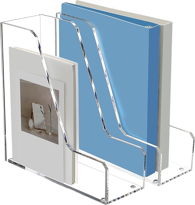 SANRUI 2 Pack Acrylic Magazine File Holder, Clear Vertical Desk Organizer | File Sorter Folder Organizer Document Rack for Office Desktop, Home Workspace, 8.66inx8.46inx3.15in
