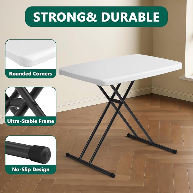 Folding Table 30 Inch -2Pack, Small Desk Adjustable Height TV Tray for Laptop, Couch, Camping - Heavy Duty Utility Foldable Table for Small Spaces, No Assembly Required, White Granite