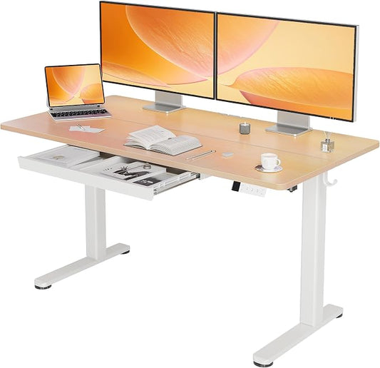 YDN Electric Standing Desk 55 x 24 Inch with Drawer Natural | Industrial steel frame supports 176Lbs, 28.3-46.5 inch height range with 3 presets, 45dB quiet motor