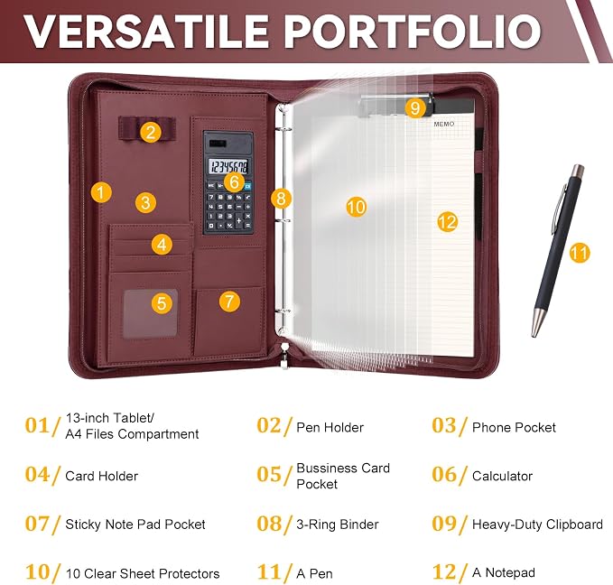 Leathario Portfolio Binder, Includes 5 Sheet Protectors and a Pen, 13 Inch Tablets Organizer, Vegan Leather A4 Padfolio, Multi-Pocket Notepad Business Planner Professional Document