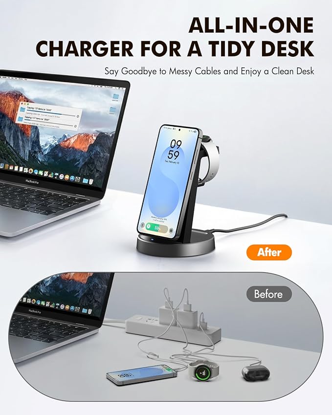 Wireless Charger for Samsung: 3 in 1 Charging Station for Samsung S26/S25/S24/S23/S22/S21, Note 20/10, Z Fold 6/5, Galaxy Buds 4/3/2 Pro, Galaxy Watch Ultra/8/7/6/5-Android & iPhone 15W Charging Dock