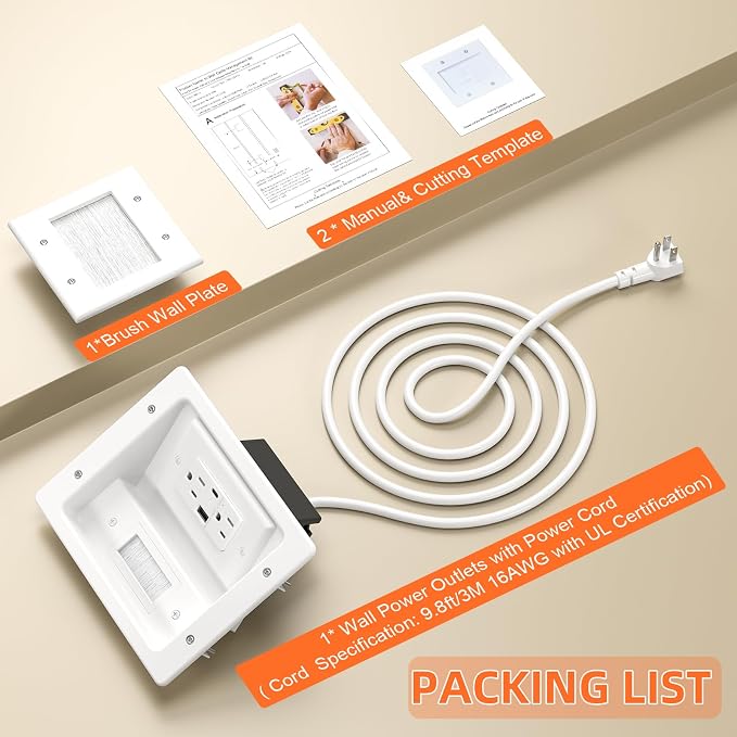 in Wall Cable Management Kit with Brush Wall Plate,AC Outlets & USB-A+USB-C Ports,9ft Cord,Hide Cords Recessed Wall Outlet for TV Cable Management,HDMI Cables and Home Theater Systems