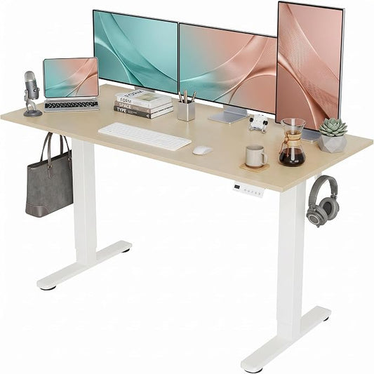Claiks Electric Standing Desk, 55x24 Inch, Nature | Adjustable height for sit-stand, 156lbs capacity, scratch-resistant surface, 3 memory presets, cable management & hook.