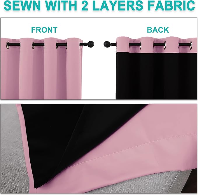 NICETOWN 100% Blackout Curtains with Black Liners, Thermal Insulated Full Blackout 2-Layer Lined Drapes, Energy Efficiency Window Draperies for Bedroom (Crystal Pink, 2 Panels, 70-inch W by 63-inch L)