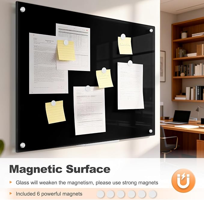 Magnetic Large Black Dry Erase Board, 36" x 24" | Black Glass Board Frameless Wall Mounted Glass Whiteboard for Office, School & Home with 1 Marker & 6 Strong Magnets