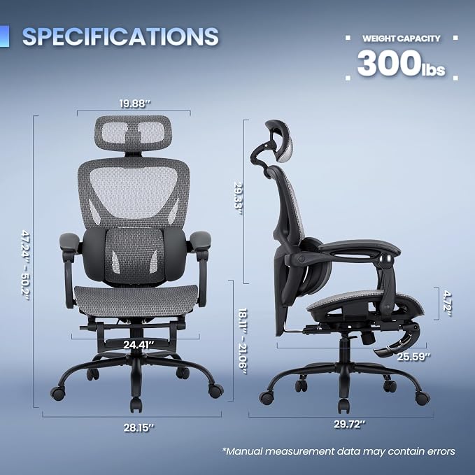 MALOL Ergonomic Mesh Office Chair with Footrest, Executive High Back Computer Desk Chair with 3D Adjustable Headrest & 5-Level Lumbar Support, Track Armrest, Tilt Lock, 300LBS, Grey
