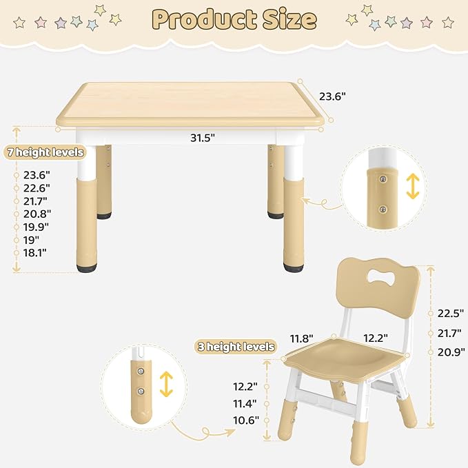 DOREROOM Adjustable Kids Table & 4 Chairs Set, 31.5" L x 23.6" W, Beige-W | Graffiti Desktop,Table Supports 300 lbs,Toddler Ages 2-8，FSC-certified, Children Activity Table for Daycare, Classroom, Home