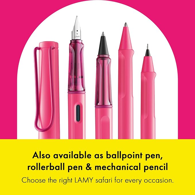 LAMY safari neonpink - Fountain Pen with ergonomic grip & polished steel nib in size M - ideal for any Writing & Calligraphy - including LAMY T 10 blue cartridge - Right-Handed