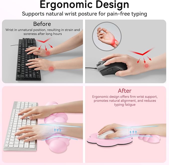 Sushret Cloud Wrist Rest for Computer Keyboard, 4-in-1 Memory Foam Leather Cloud Keyboard Wrist Rest and Mouse Pad Set with Ergonomic Support for Arm and Palm Cushion, Gaming/Work Setup, Pink