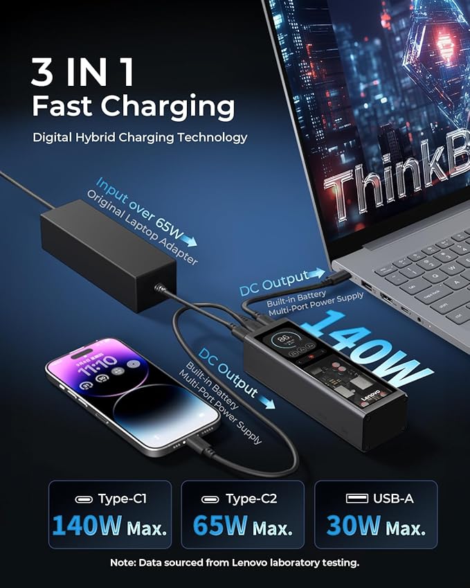 Lenovo Laptop Portable Power Bank, 20,000 mAh 3-Port USB-C 140W Digital Hybrid Charger, TFT Display, Travel Charging Station with 240W Cable for ThinkBook 14, MacBook, iPhone, Samsung Galaxy