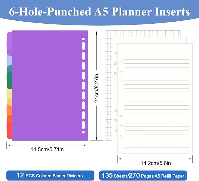 Antner A5 Refill Paper Planner Inserts for A5 6 Ring Binder, 135 Sheets 6-Hole Lined/Dotted/Grid Loose Leaf Filler Paper with Binder Dividers for Refillable Notebook, Journal, Planner, Sketchbook