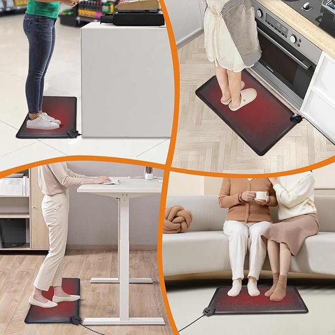 Heated Anti Fatigue Mat - Warming Comfort & Durable Standing Mat at Home, Kitchen, Office, Heating Standing All Day Non Slip Floor Mats for Winter - Easy to Clean, Waterproof - Black