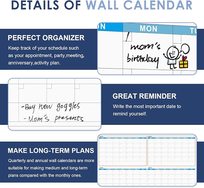MAKELLO Large Dry Erase Calendar for Wall 36" x 24", Quarterly, 4 Months | Magnetic, Wall Mount, Smooth Writing, Dry Erase Wall Calendar, Monthly Calendar Whiteboard, Home, Family Planning, Bedroom