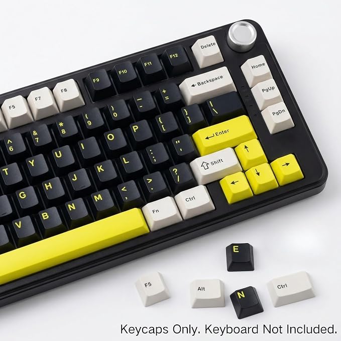 130 Keys Black Grey Yellow PBT Keycaps, Double Shot Cherry Profile Keycap Set, Custom Mechanical Keyboard Keycaps for 60% 65% 75% 87% 100% ANSI Layout，Cherry Mx Switches