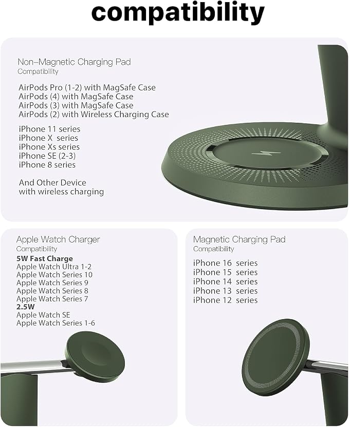 ZECHIN 3 in 1 Wireless Charging Station for Apple Devices with MagSafe | Charging for iPhone 17/Air/16/15/14/13, AirPods, Apple Watch, Weighted Stable Charging Stand, USB-C Adapter Included