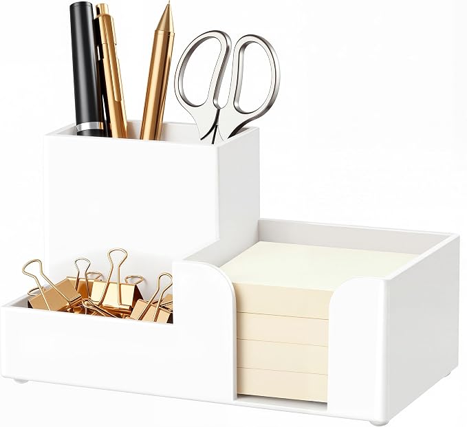 HBlife Acrylic Pen Holder for Desk, 3-Compartment Small Desk Organizer, White Office Supplies Desk Accessories with Sticky Notes Holder Stores Post It Notes 3X3 for Office, Home and School