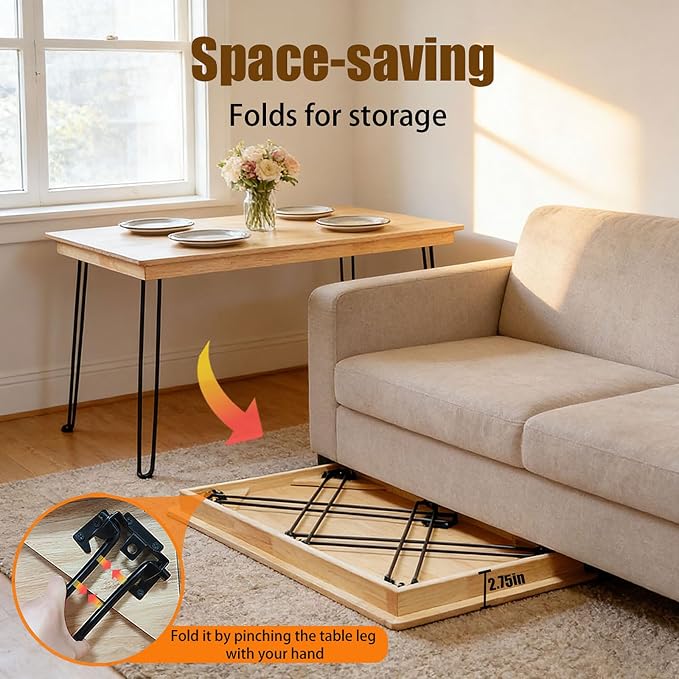 Folding Desk - 43 Inch Solid Oak Wood Small Folding Table with Sturdy Metal Legs and No Assembly Required - Space-Saving Portable Computer Workstation for Home Office Writing Reading