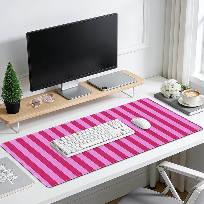 Desk Cover Mat, Big Mouse Pad for Laptop, Aesthetic Computer Pad with Non-Slip Rubber Base, Keyboard Mat for Desktop, Cute Hot Pink Striped Desk Protector for Office Home