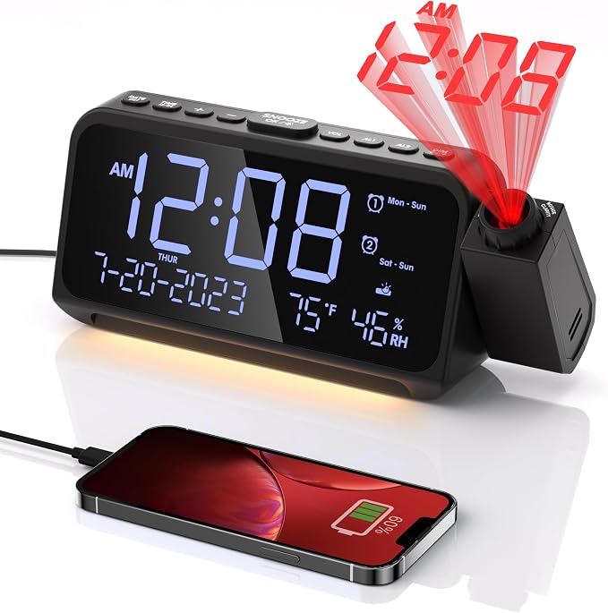 Projection Clock for Bedroom Ceiling, Alarm Clock with Battery Backup | 350° Red Projector, White LED Display, Dual Alarms, 4 Alarm Modes, 5-Level Dimmer, Temp & Humidity, Snooze, USB Charging